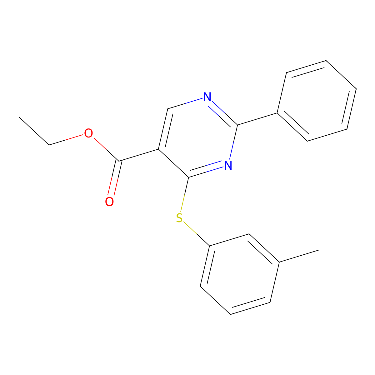 Ethyl 4-[(3-methylphenyl)sulfanyl]-2-phenyl-5-pyrimidinecarboxylate molecular structure, CAS 477854-58-3