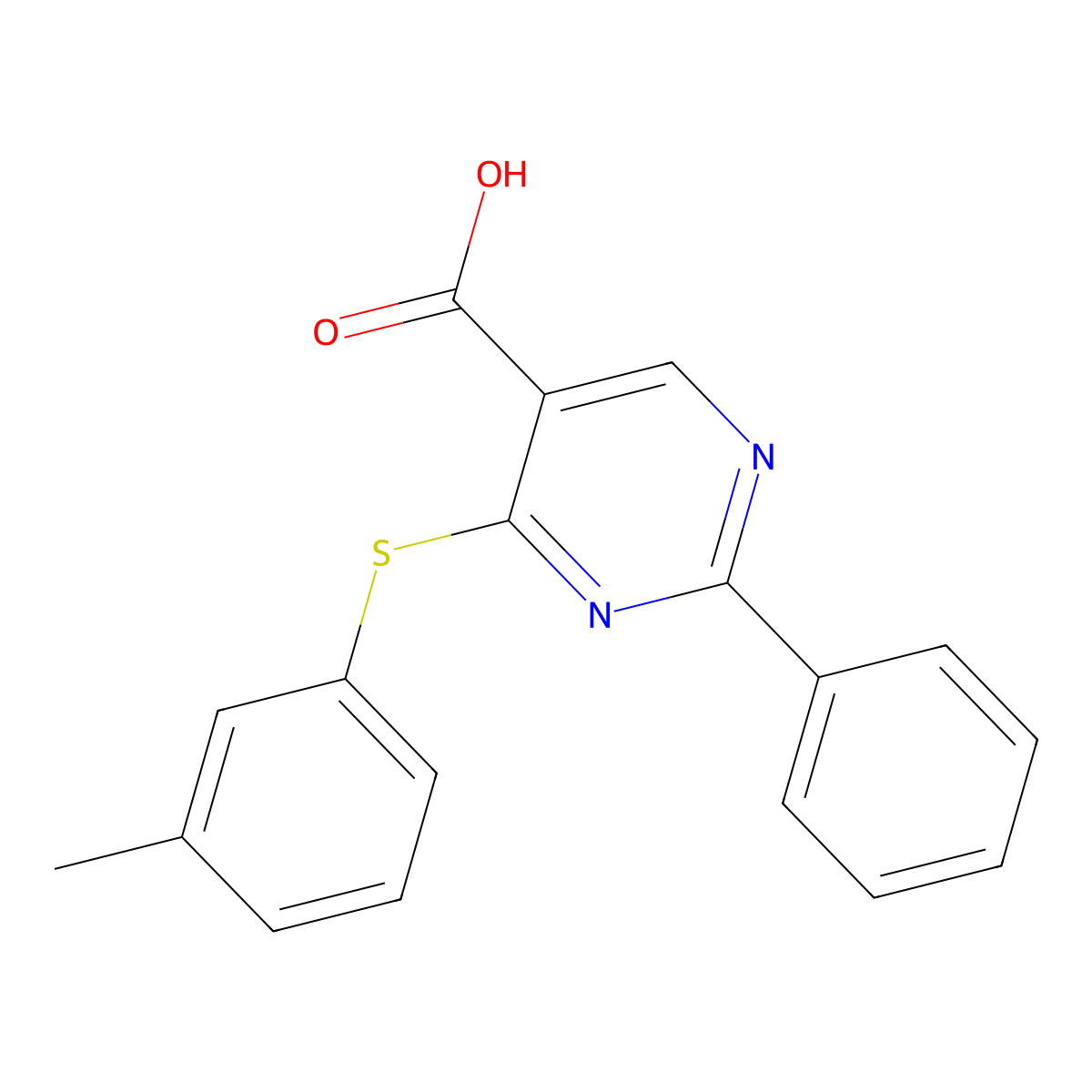 4-[(3-Methylphenyl)sulfanyl]-2-phenyl-5-pyrimidinecarboxylic acid molecular structure, CAS 477854-59-4