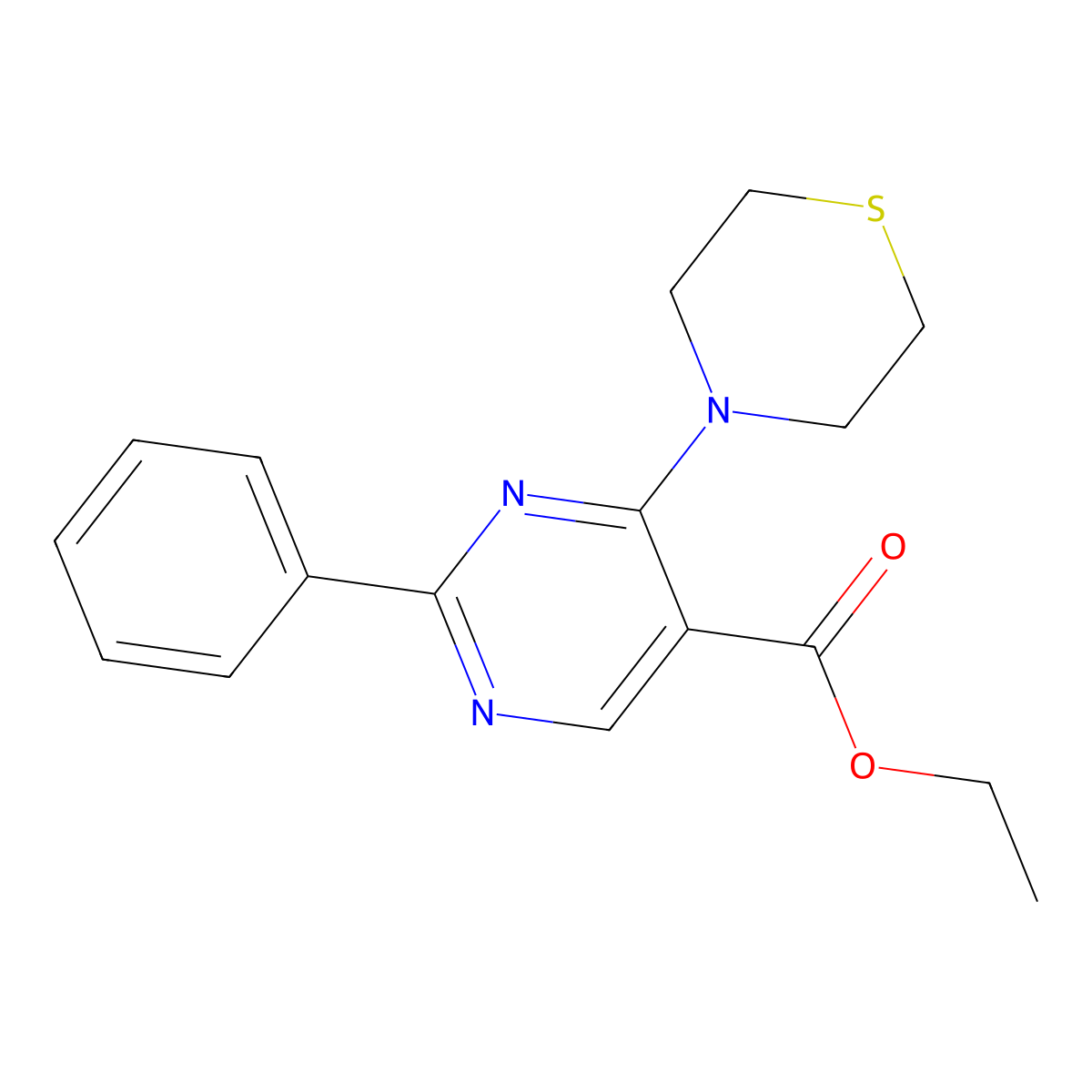 Ethyl 2-phenyl-4-(1,4-thiazinan-4-yl)-5-pyrimidinecarboxylate molecular structure, CAS 477854-60-7