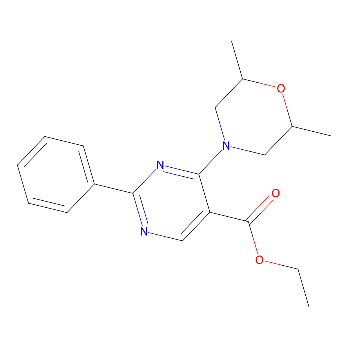 Ethyl 4-(2,6-dimethylmorpholin-4-yl)-2-phenylpyrimidine-5-carboxylate molecular structure, CAS 477854-61-8