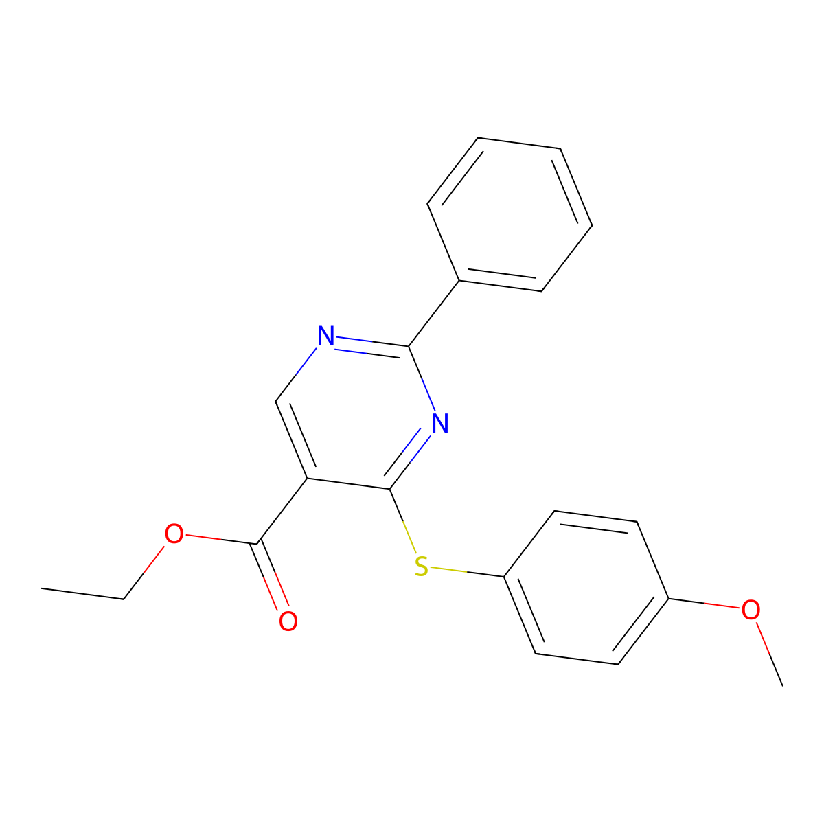 Ethyl 4-[(4-methoxyphenyl)sulfanyl]-2-phenyl-5-pyrimidinecarboxylate molecular structure, CAS 477854-62-9