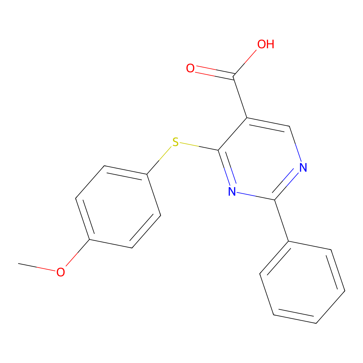 4-[(4-Methoxyphenyl)sulfanyl]-2-phenyl-5-pyrimidinecarboxylic acid molecular structure, CAS 477854-63-0