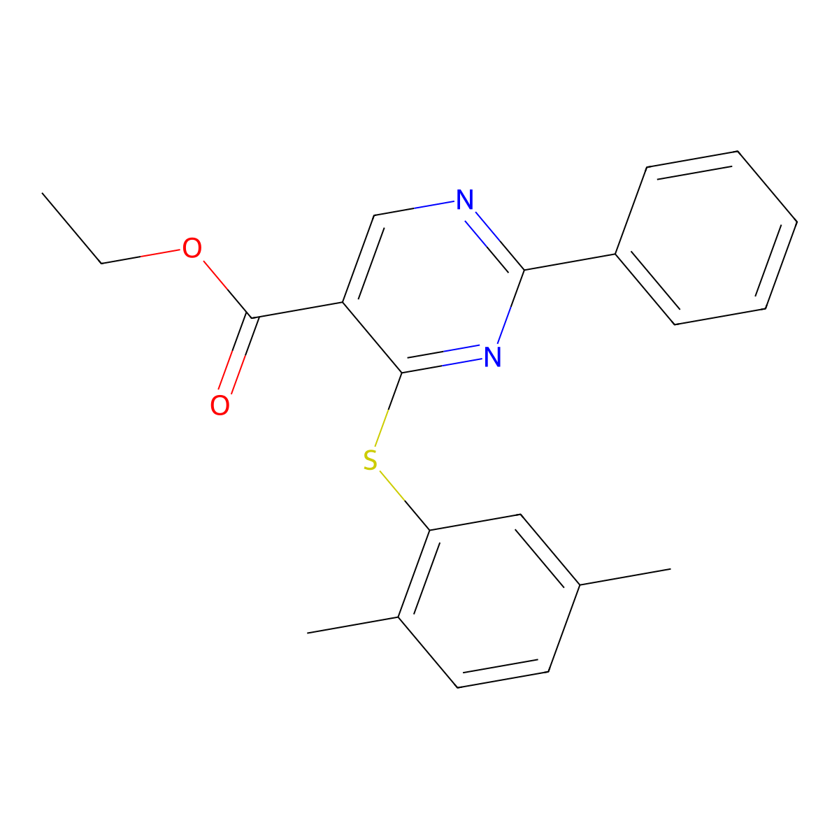 Ethyl 4-[(2,5-dimethylphenyl)sulfanyl]-2-phenyl-5-pyrimidinecarboxylate molecular structure, CAS 477854-64-1