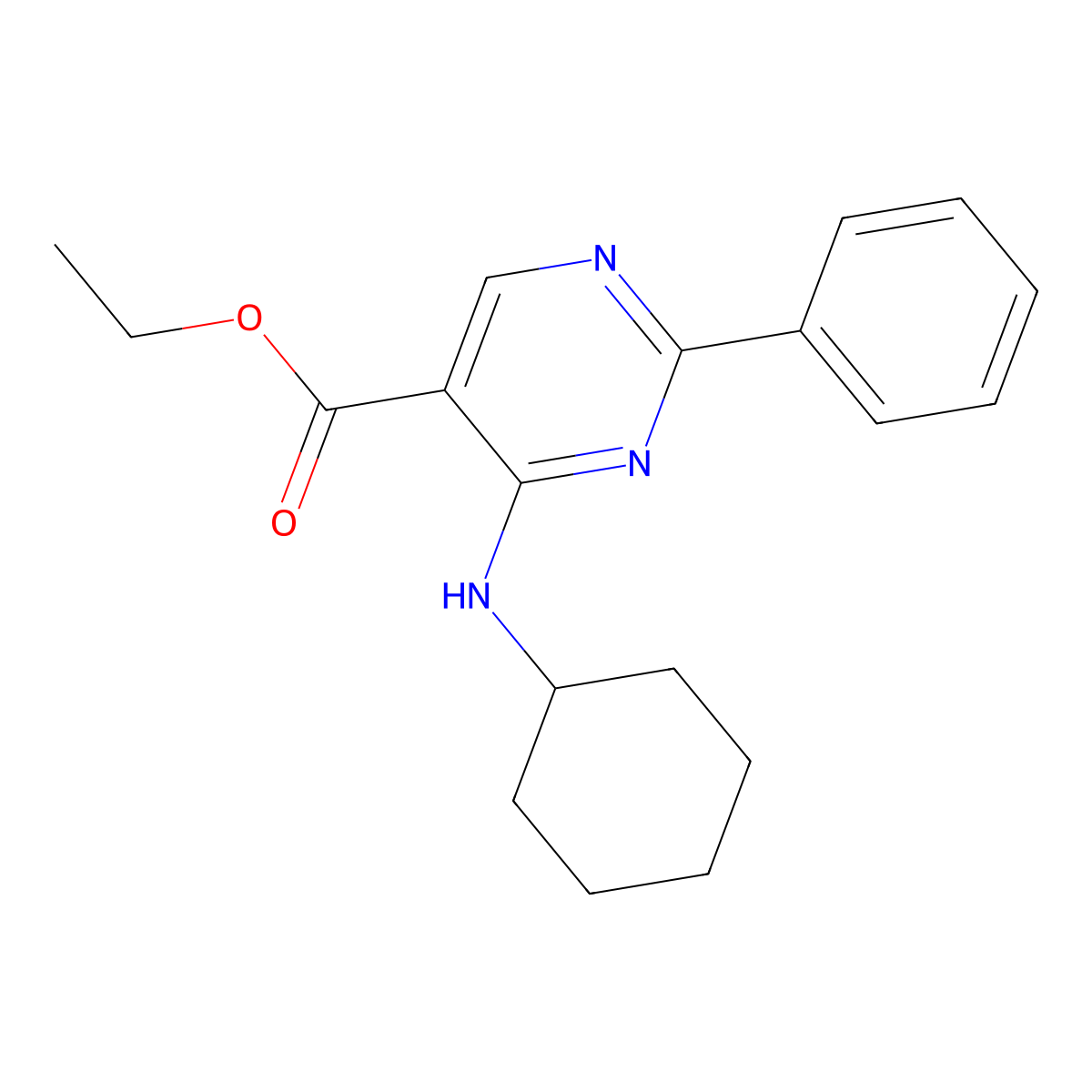 Ethyl 4-(cyclohexylamino)-2-phenyl-5-pyrimidinecarboxylate molecular structure, CAS 477854-66-3