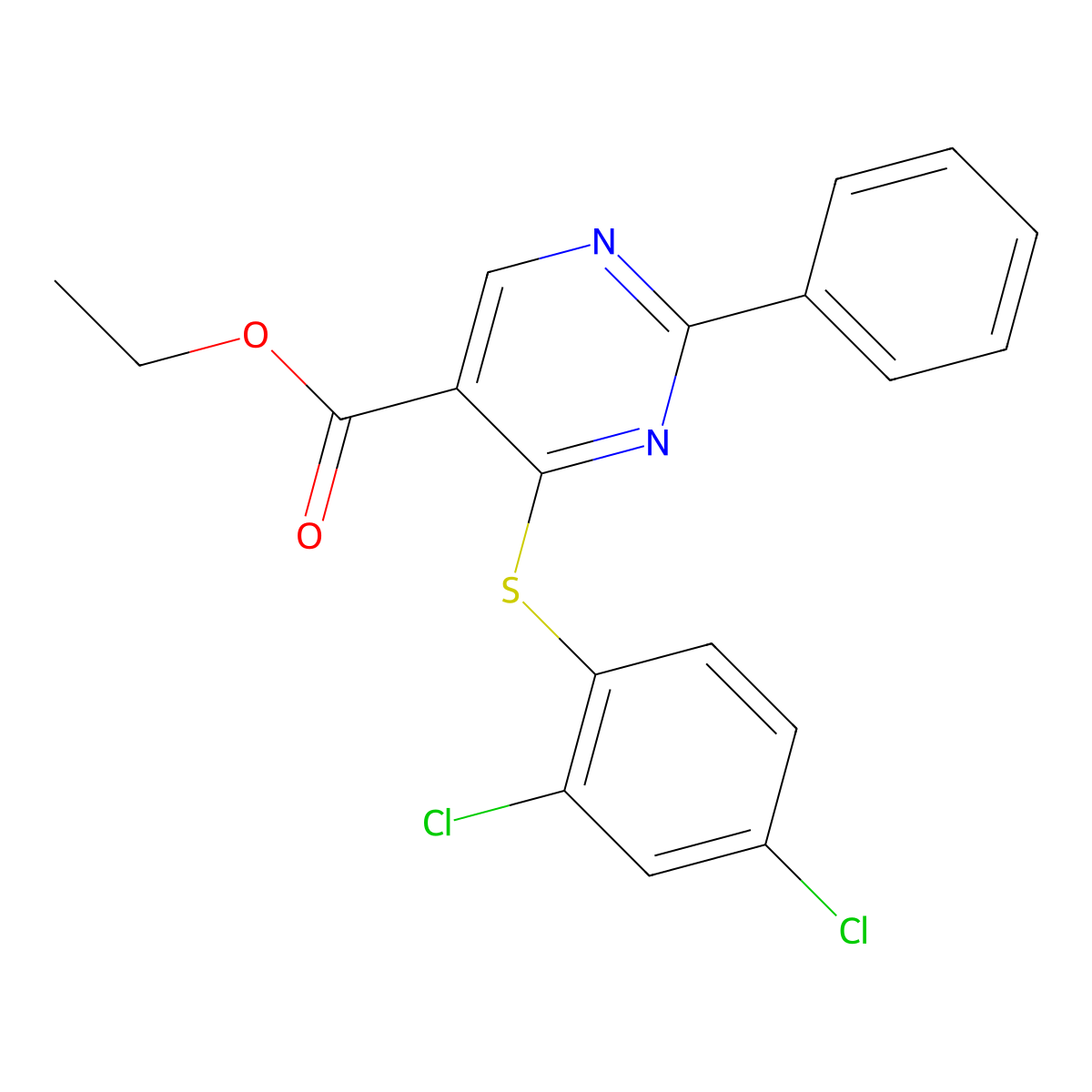 Ethyl 4-[(2,4-dichlorophenyl)sulfanyl]-2-phenyl-5-pyrimidinecarboxylate molecular structure, CAS 477854-69-6