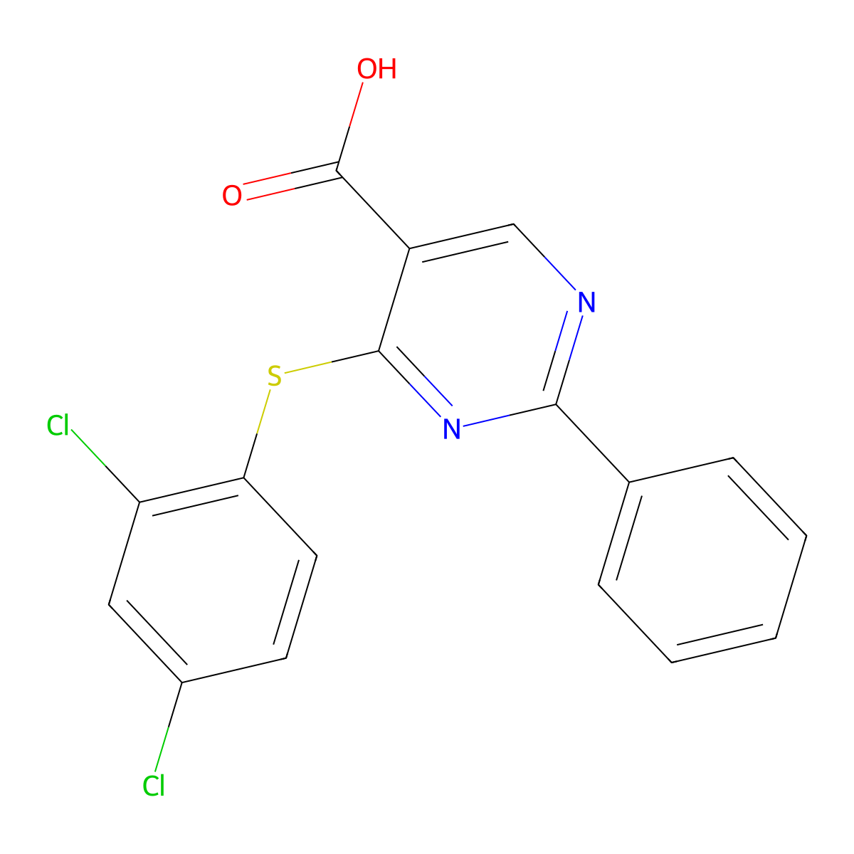 4-[(2,4-Dichlorophenyl)sulfanyl]-2-phenyl-5-pyrimidinecarboxylic acid molecular structure, CAS 477854-70-9