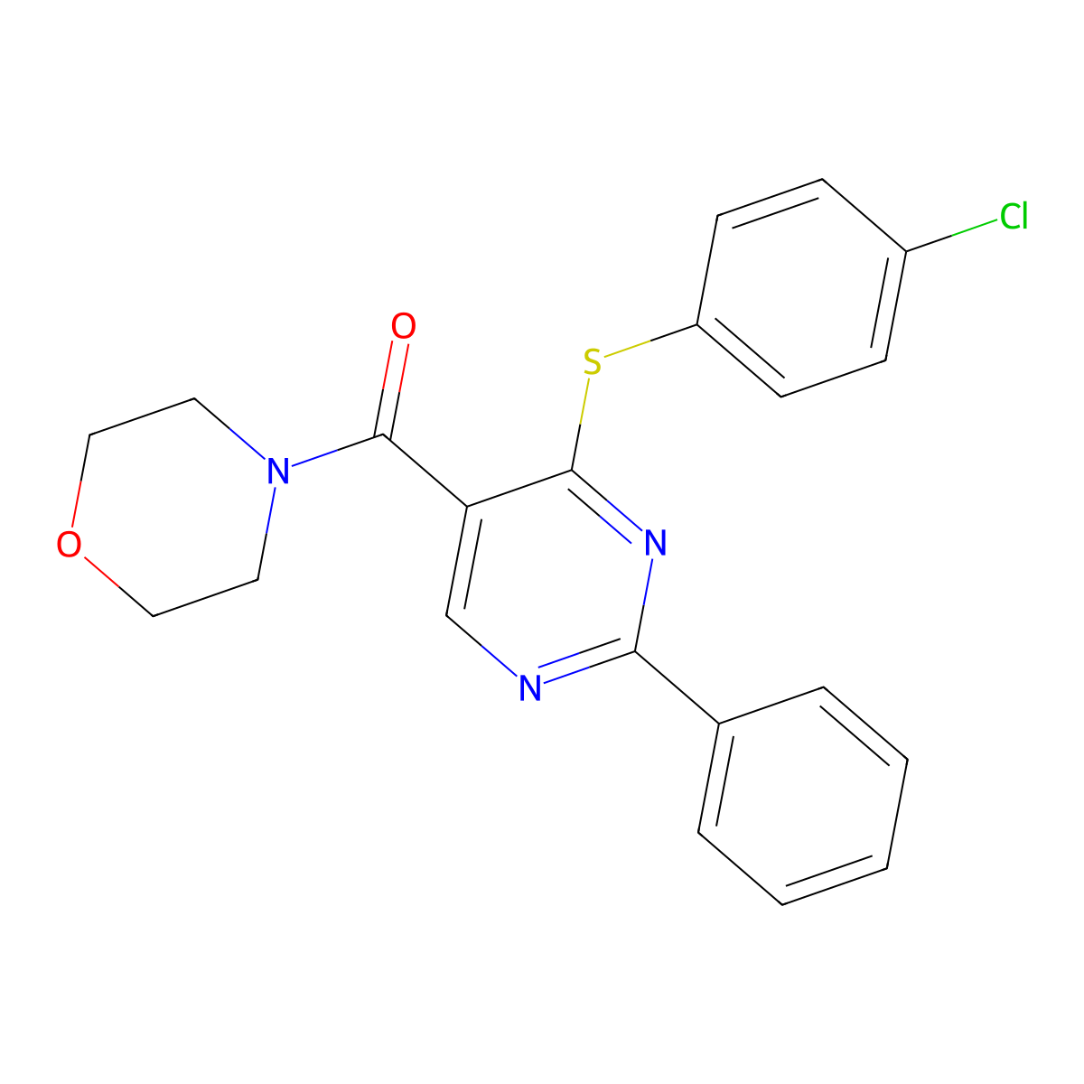 {4-[(4-Chlorophenyl)sulfanyl]-2-phenyl-5-pyrimidinyl}(morpholino)methanone molecular structure, CAS 477854-71-0