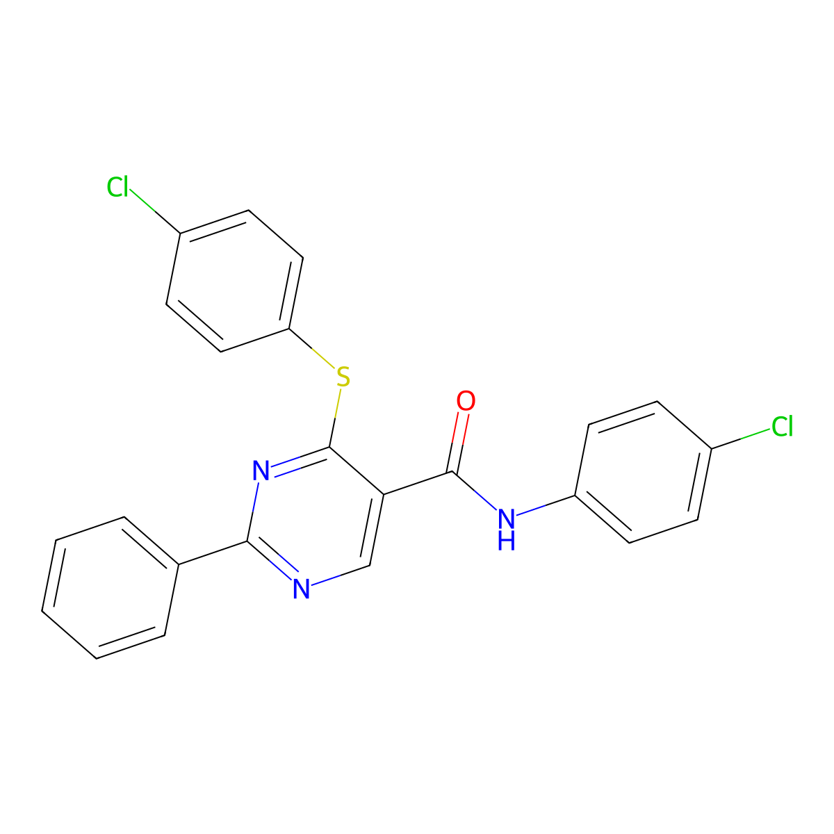 N-(4-chlorophenyl)-4-[(4-chlorophenyl)sulfanyl]-2-phenyl-5-pyrimidinecarboxamide molecular structure, CAS 477854-76-5