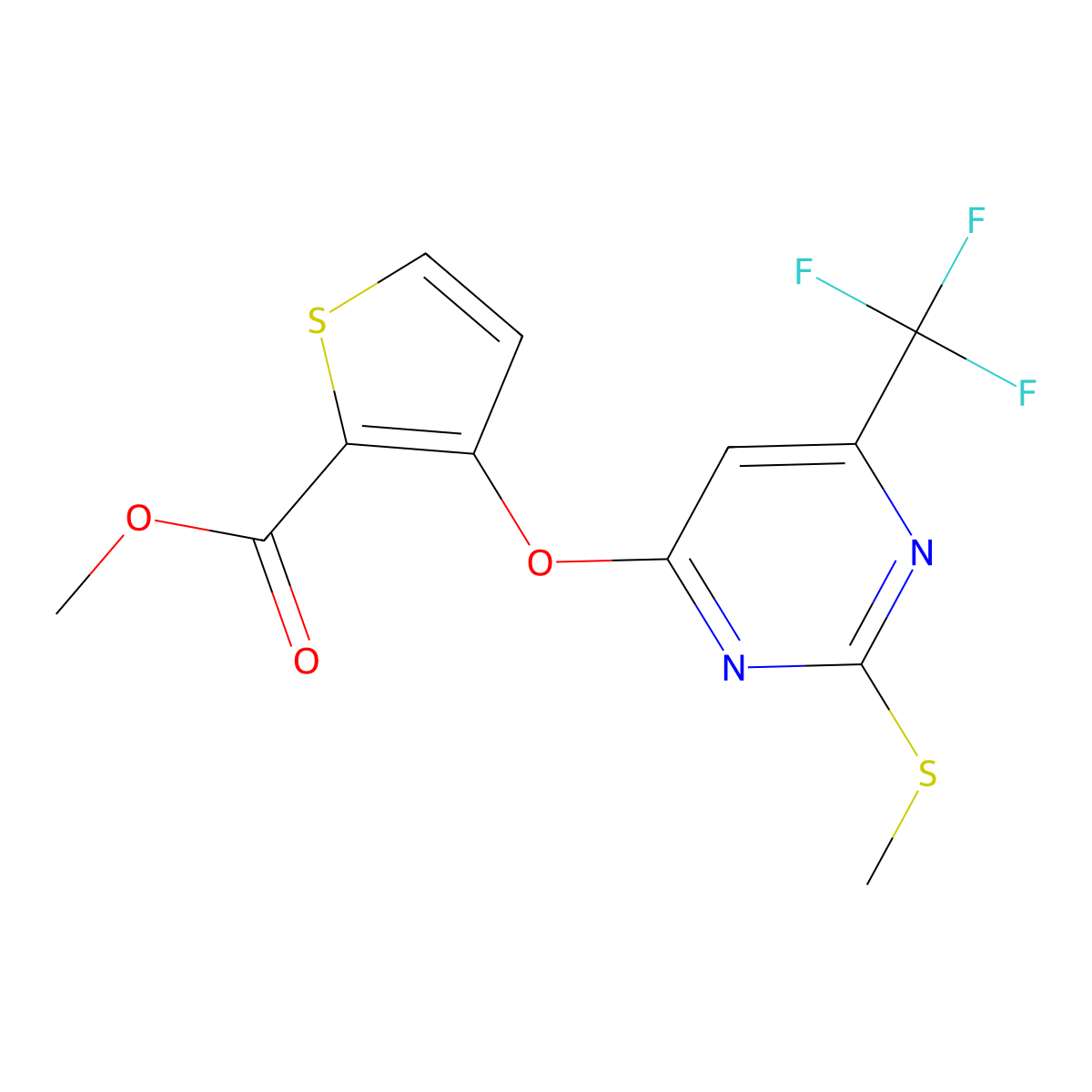 Methyl 3-{[2-(methylsulfanyl)-6-(trifluoromethyl)-4-pyrimidinyl]oxy}-2-thiophenecarboxylate molecular structure, CAS 477855-99-5