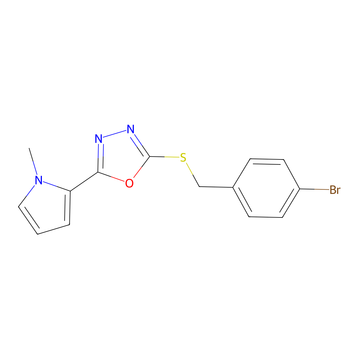 2-[(4-bromobenzyl)sulfanyl]-5-(1-methyl-1H-pyrrol-2-yl)-1,3,4-oxadiazole molecular structure, CAS 477856-63-6
