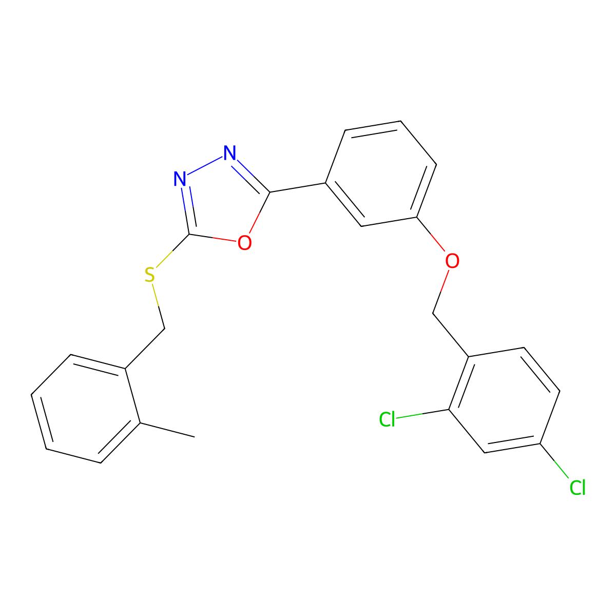 2-[3-[(2,4-Dichlorophenyl)methoxy]phenyl]-5-[(2-methylphenyl)methylsulfanyl]-1,3,4-oxadiazole molecular structure, CAS 477856-64-7