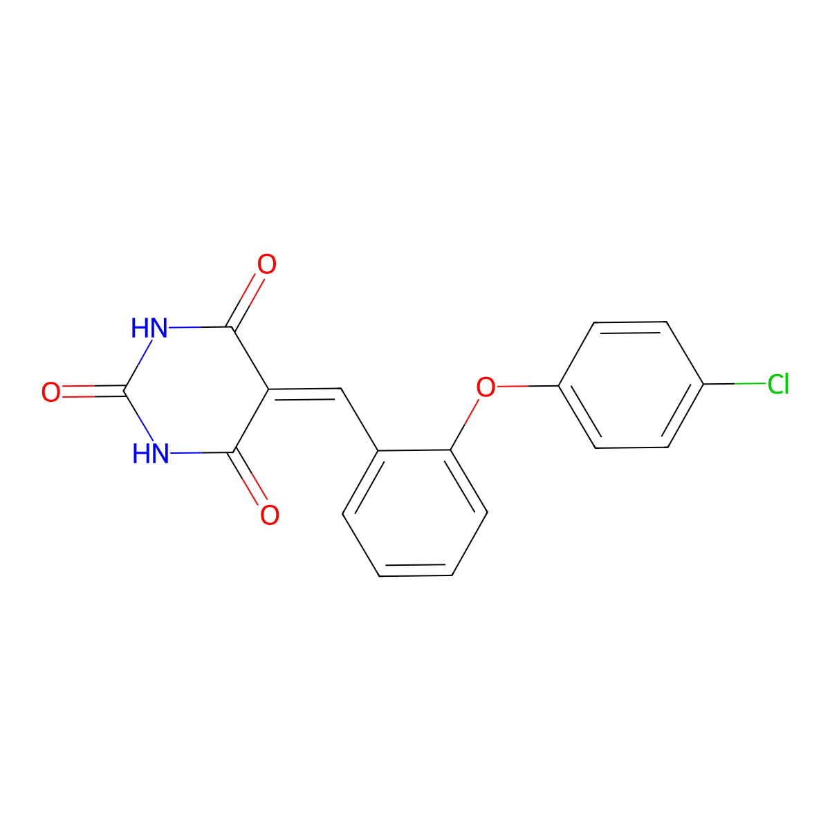 5-{[2-(4-chlorophenoxy)phenyl]methylene}-2,4,6(1H,3H,5H)-pyrimidinetrione molecular structure, CAS 477856-85-2