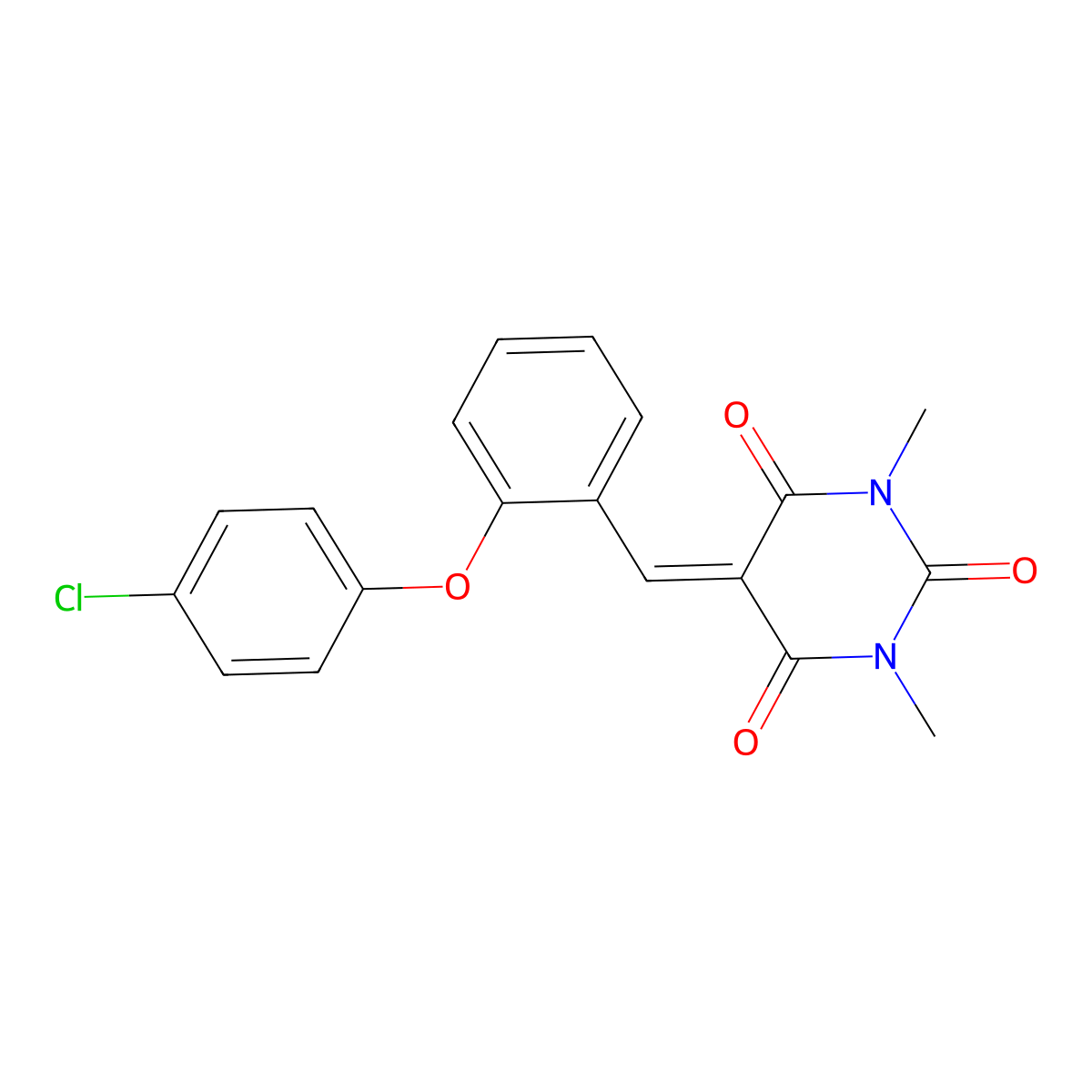 5-{[2-(4-chlorophenoxy)phenyl]methylene}-1,3-dimethyl-2,4,6(1H,3H,5H)-pyrimidinetrione molecular structure, CAS 477856-96-5