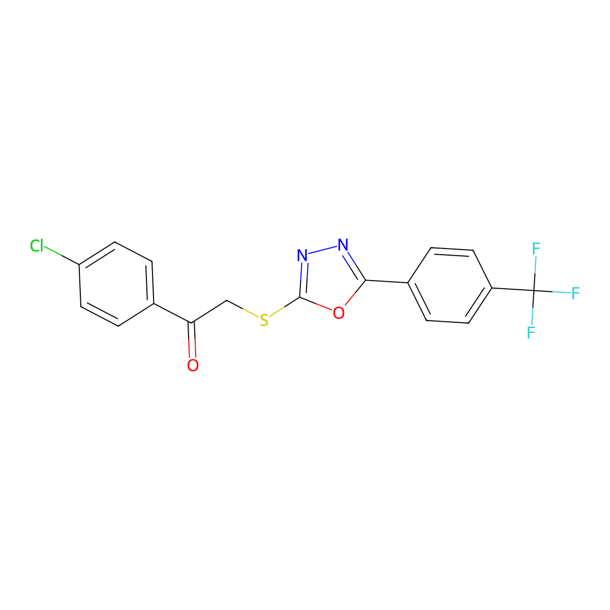 1-(4-Chlorophenyl)-2-({5-[4-(trifluoromethyl)phenyl]-1,3,4-oxadiazol-2-yl}sulfanyl)-1-ethanone molecular structure, CAS 477857-10-6