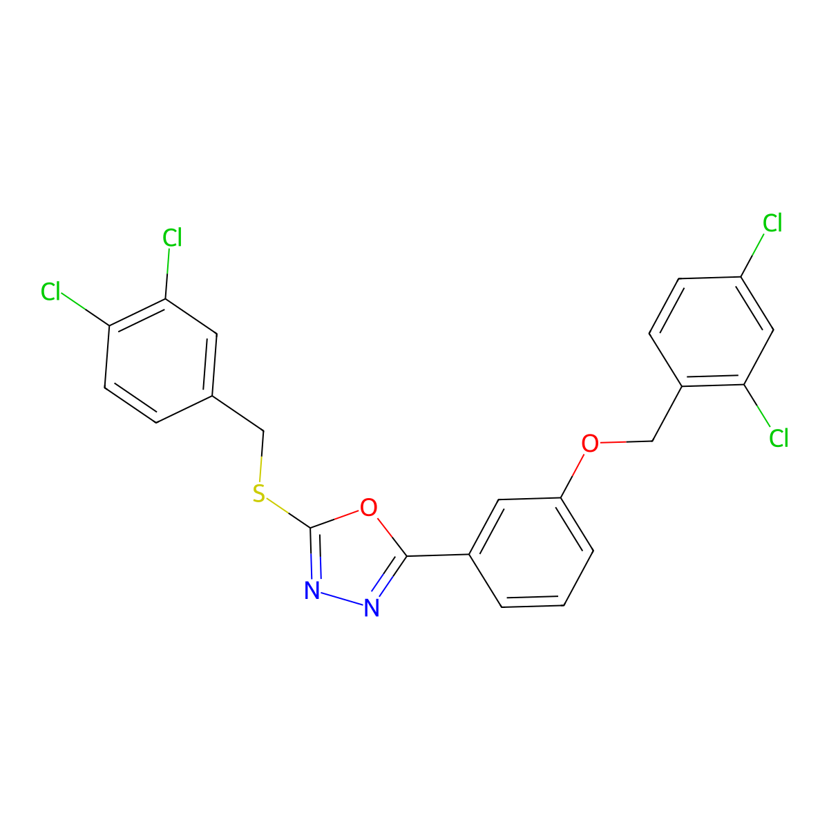 2-[3-[(2,4-Dichlorophenyl)methoxy]phenyl]-5-[(3,4-dichlorophenyl)methylsulfanyl]-1,3,4-oxadiazole molecular structure, CAS 477857-15-1