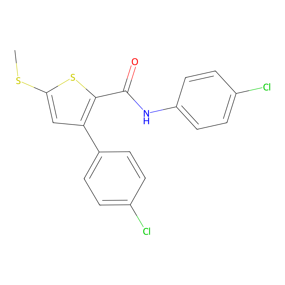 N,3-bis(4-chlorophenyl)-5-(methylsulfanyl)-2-thiophenecarboxamide molecular structure, CAS 477857-96-8