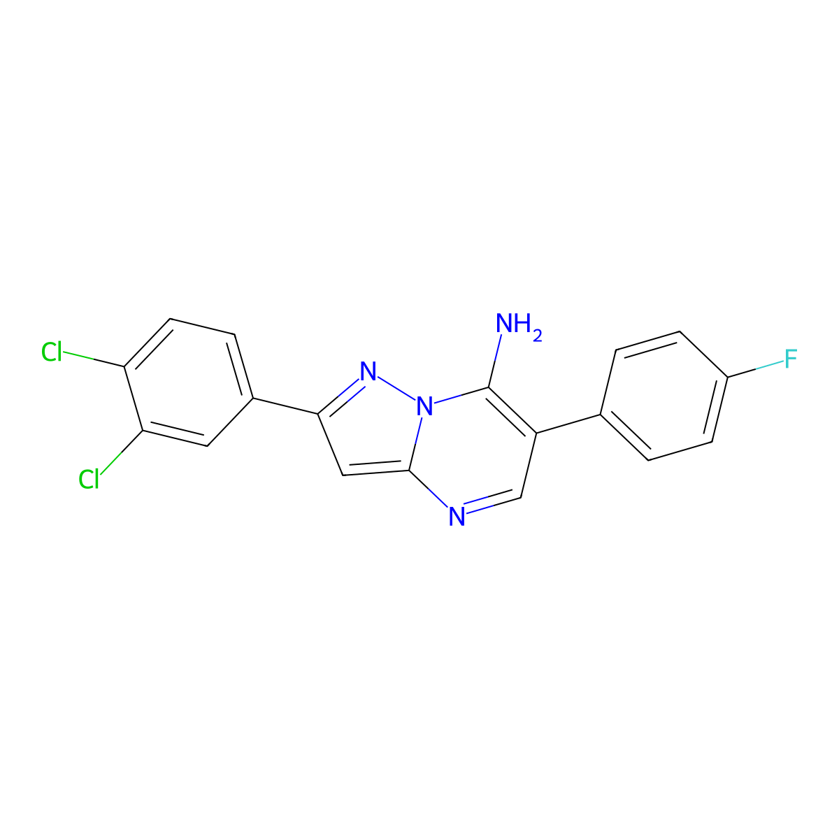 2-(3,4-Dichlorophenyl)-6-(4-fluorophenyl)pyrazolo[1,5-a]pyrimidin-7-amine molecular structure, CAS 477858-75-6