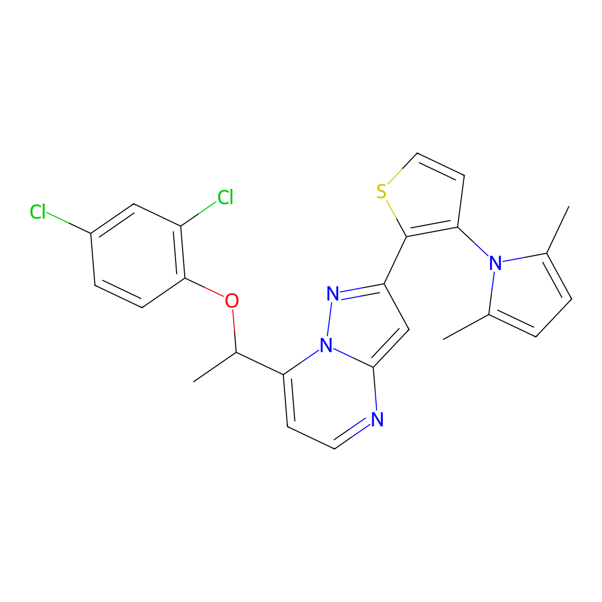 2,4-Dichlorophenyl 1-(2-[3-(2,5-dimethyl-1H-pyrrol-1-YL)-2-thienyl]pyrazolo[1,5-A]pyrimidin-7-YL)ethyl ether molecular structure, CAS 477858-76-7