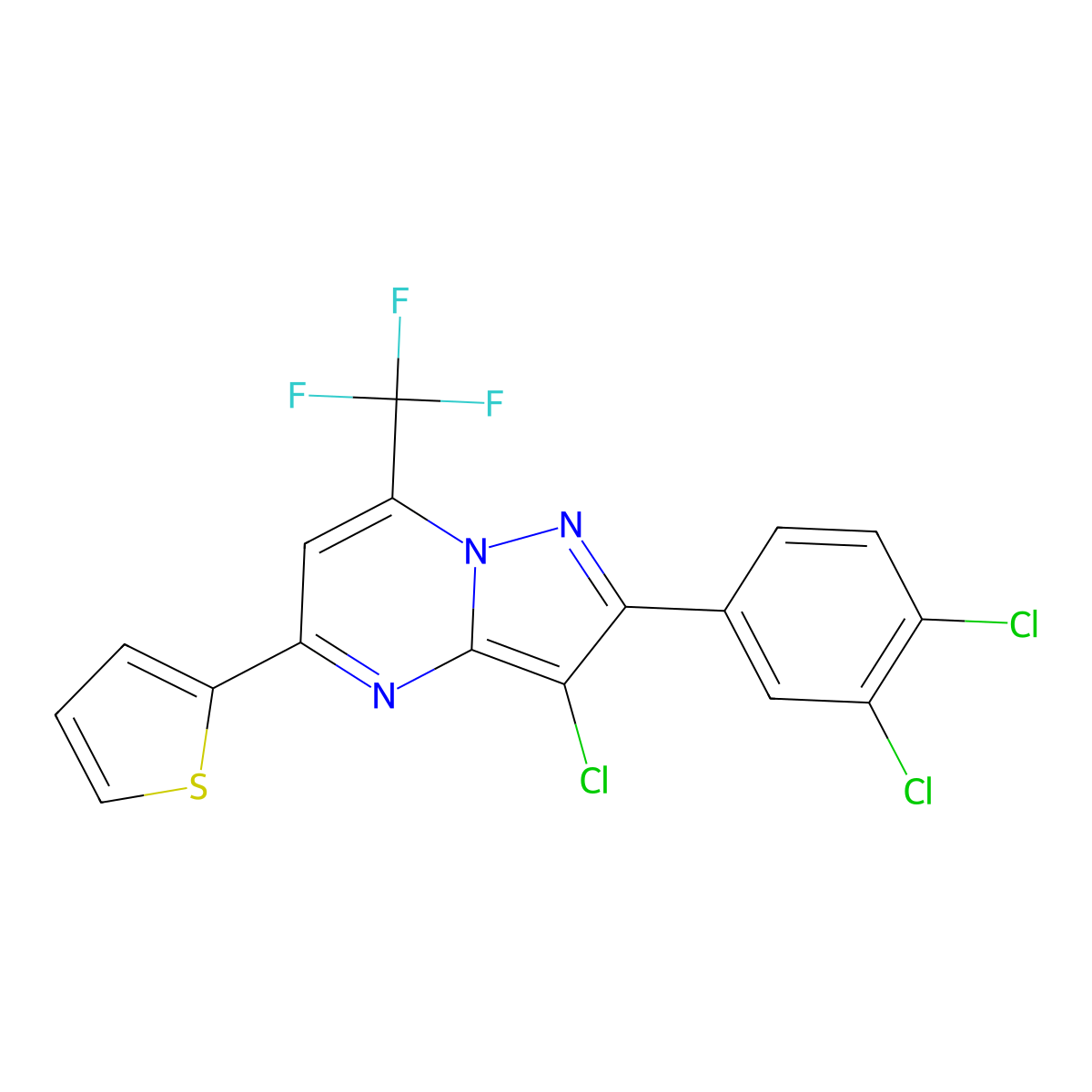 3-Chloro-2-(3,4-dichlorophenyl)-5-(2-thienyl)-7-(trifluoromethyl)pyrazolo[1,5-a]pyrimidine molecular structure, CAS 477858-77-8