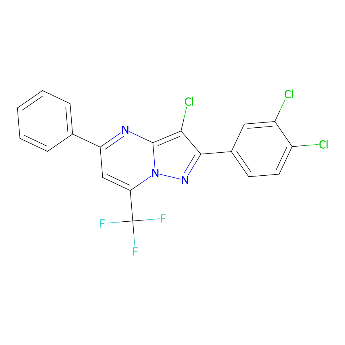 3-Chloro-2-(3,4-dichlorophenyl)-5-phenyl-7-(trifluoromethyl)pyrazolo[1,5-a]pyrimidine molecular structure, CAS 477858-78-9