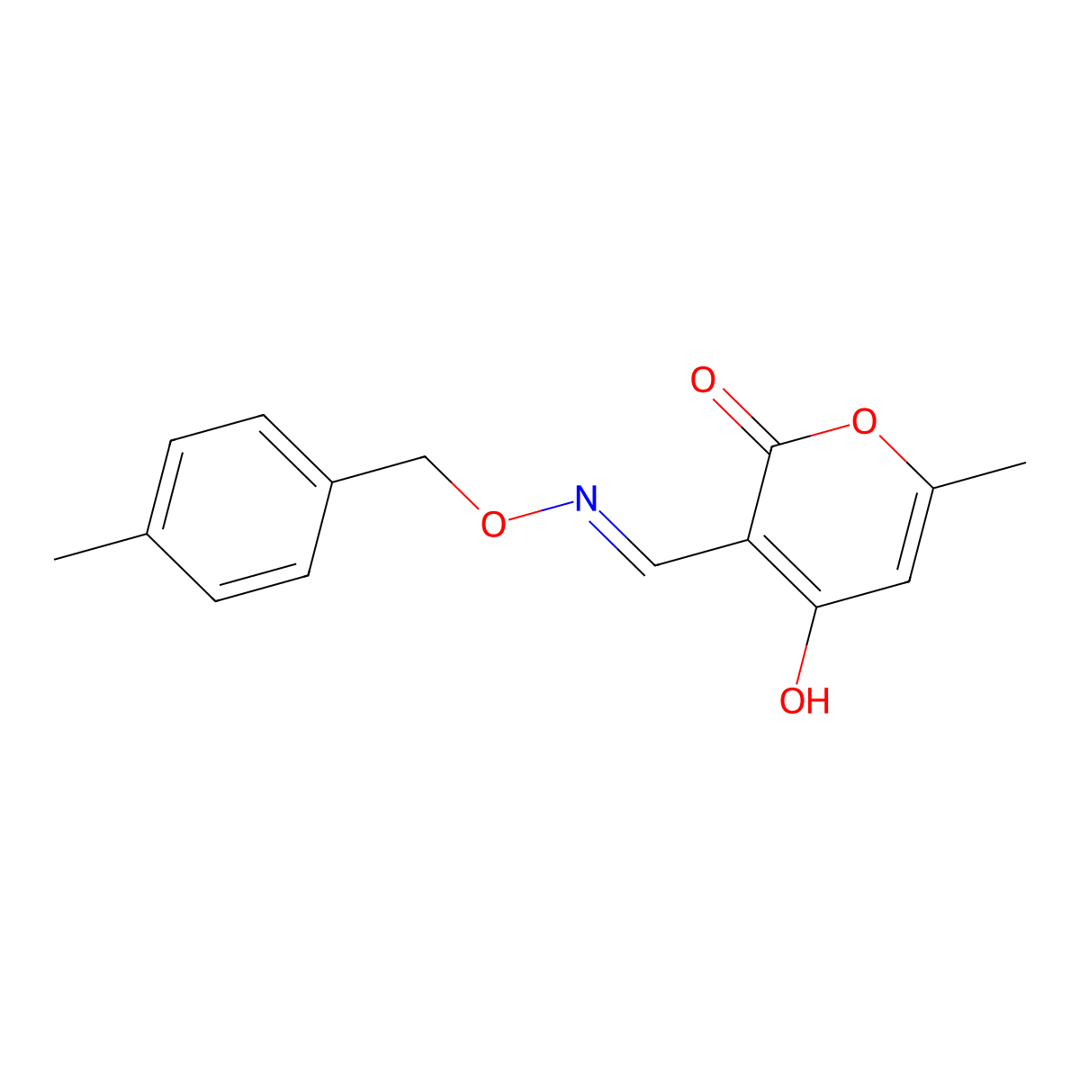 4-hydroxy-6-methyl-2-oxo-2H-pyran-3-carbaldehyde O-(4-methylbenzyl)oxime molecular structure, CAS 477859-30-6