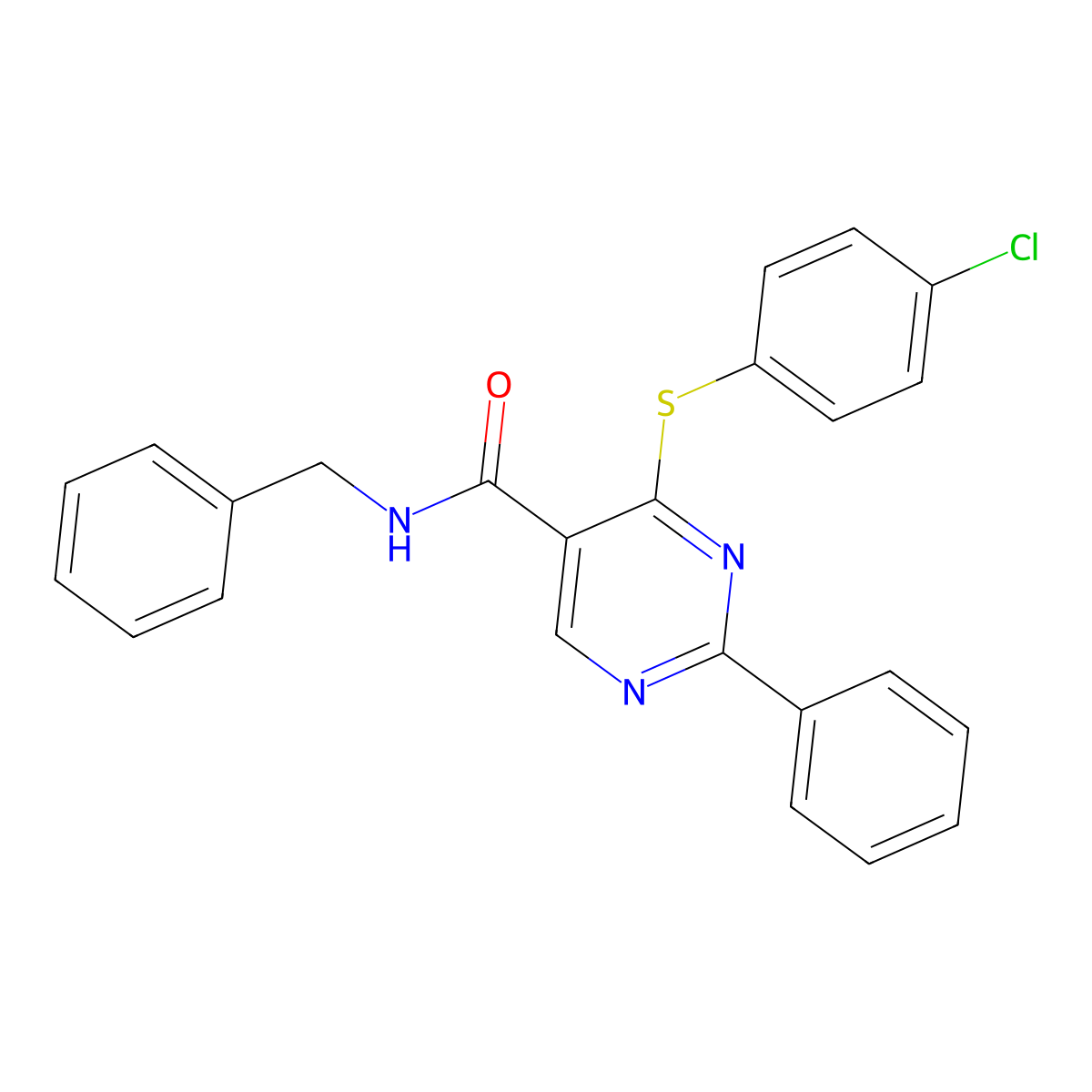 N-benzyl-4-[(4-chlorophenyl)sulfanyl]-2-phenyl-5-pyrimidinecarboxamide molecular structure, CAS 477859-41-9