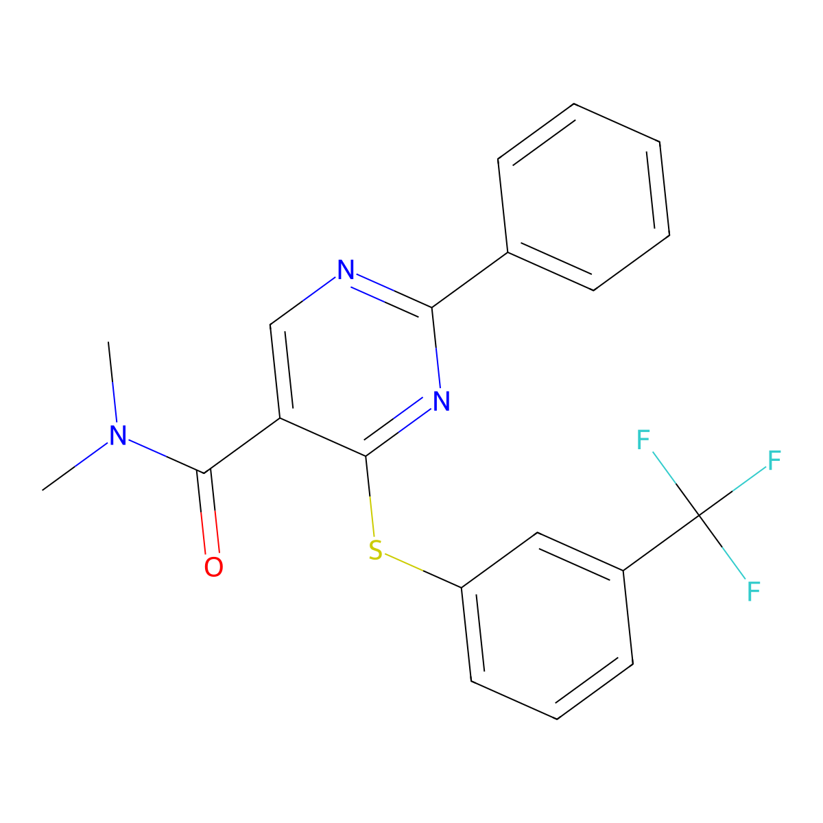 N,N-dimethyl-2-phenyl-4-{[3-(trifluoromethyl)phenyl]sulfanyl}-5-pyrimidinecarboxamide molecular structure, CAS 477859-53-3