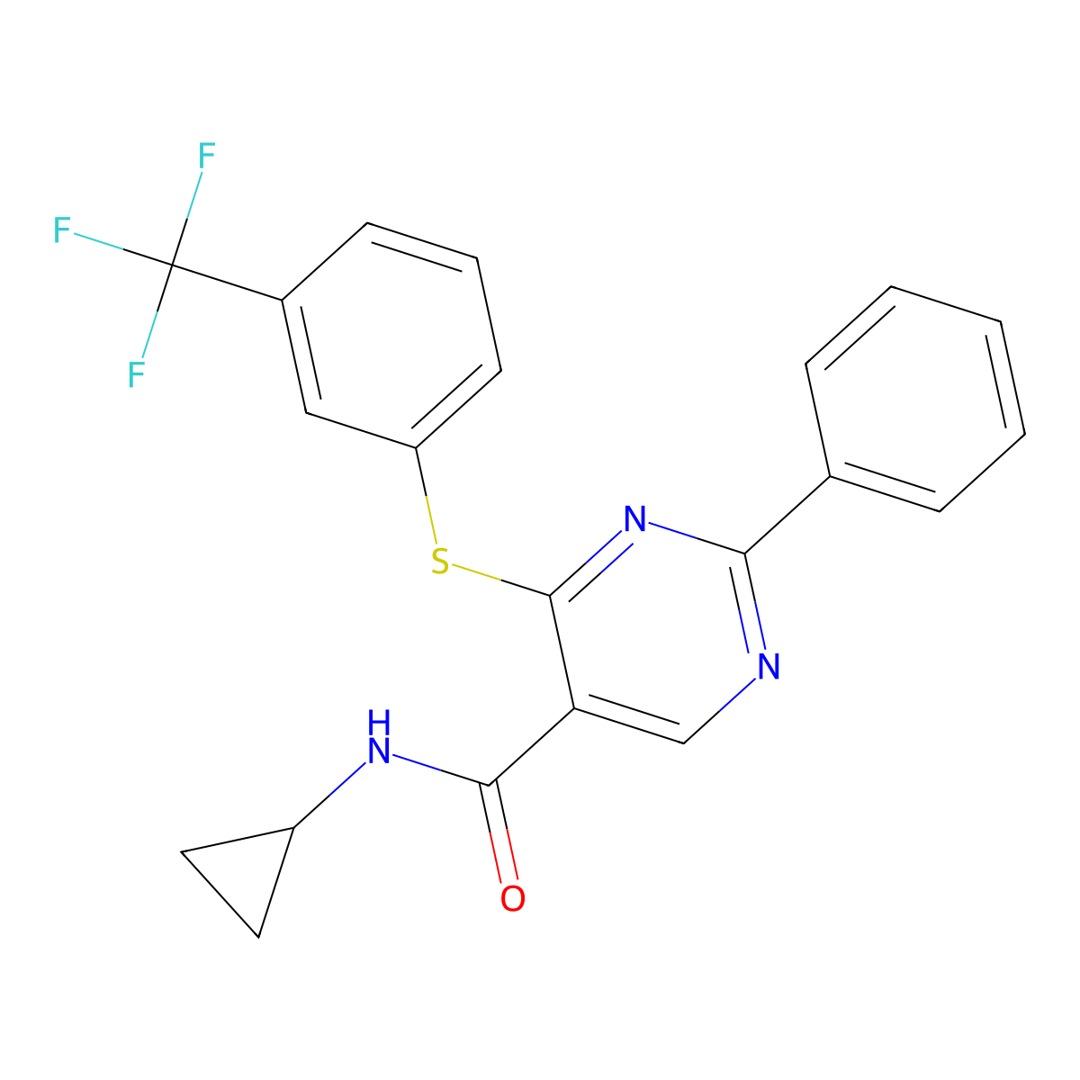 N-cyclopropyl-2-phenyl-4-{[3-(trifluoromethyl)phenyl]sulfanyl}-5-pyrimidinecarboxamide molecular structure, CAS 477859-54-4