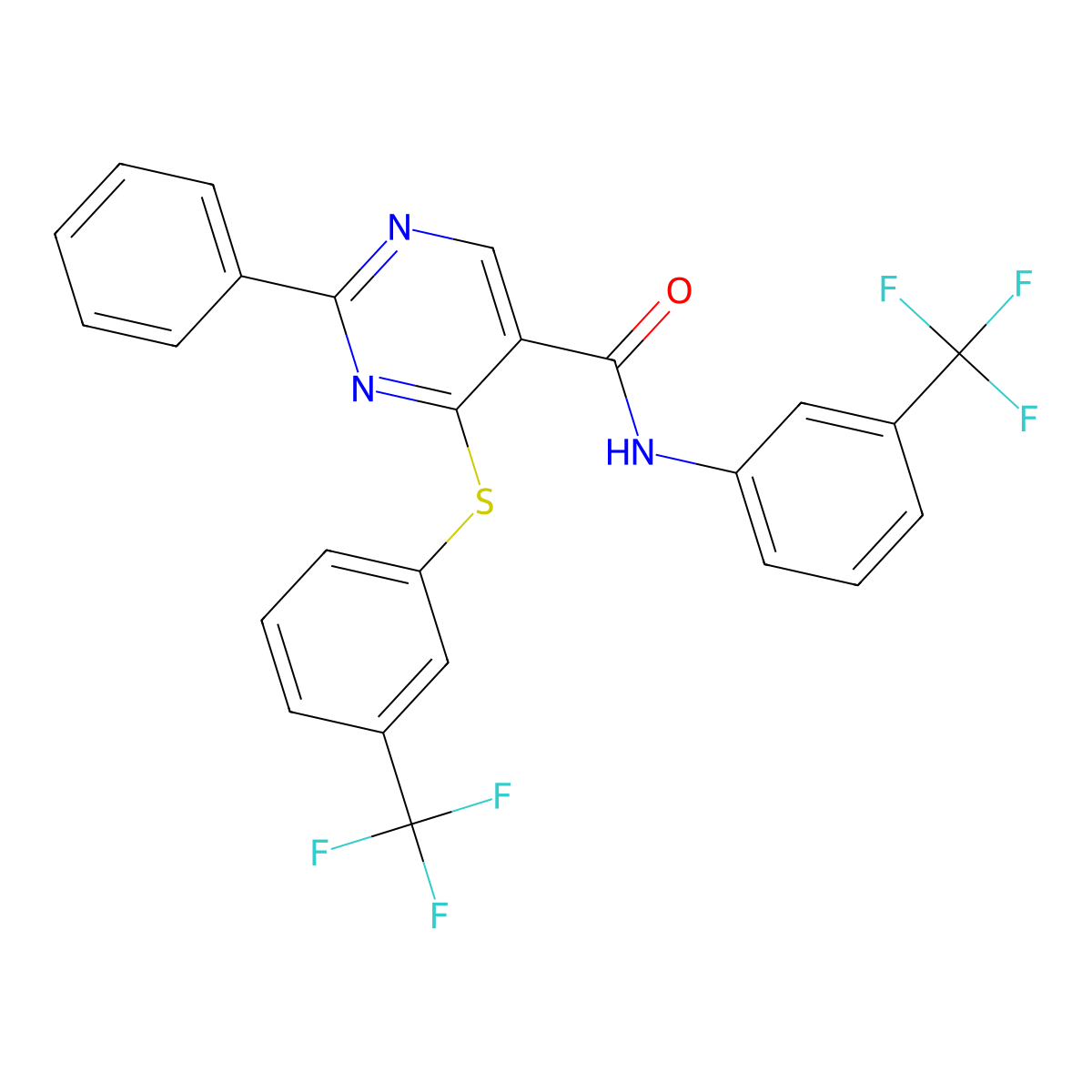 2-phenyl-N-[3-(trifluoromethyl)phenyl]-4-{[3-(trifluoromethyl)phenyl]sulfanyl}-5-pyrimidinecarboxamide molecular structure, CAS 477859-55-5