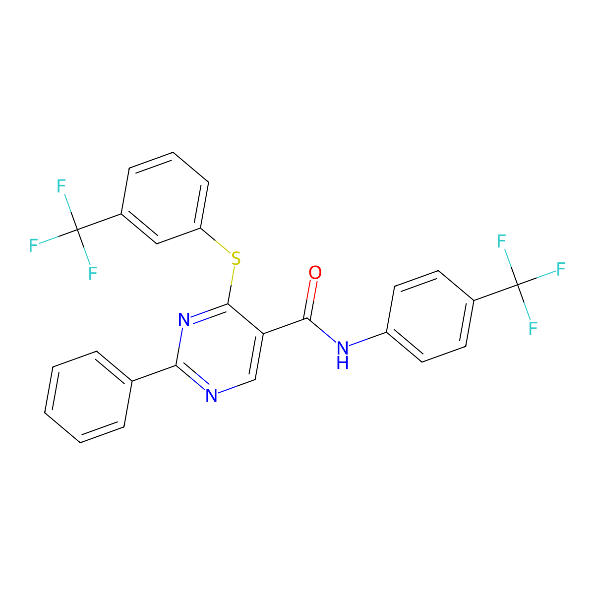 2-phenyl-N-[4-(trifluoromethyl)phenyl]-4-{[3-(trifluoromethyl)phenyl]sulfanyl}-5-pyrimidinecarboxamide molecular structure, CAS 477859-56-6