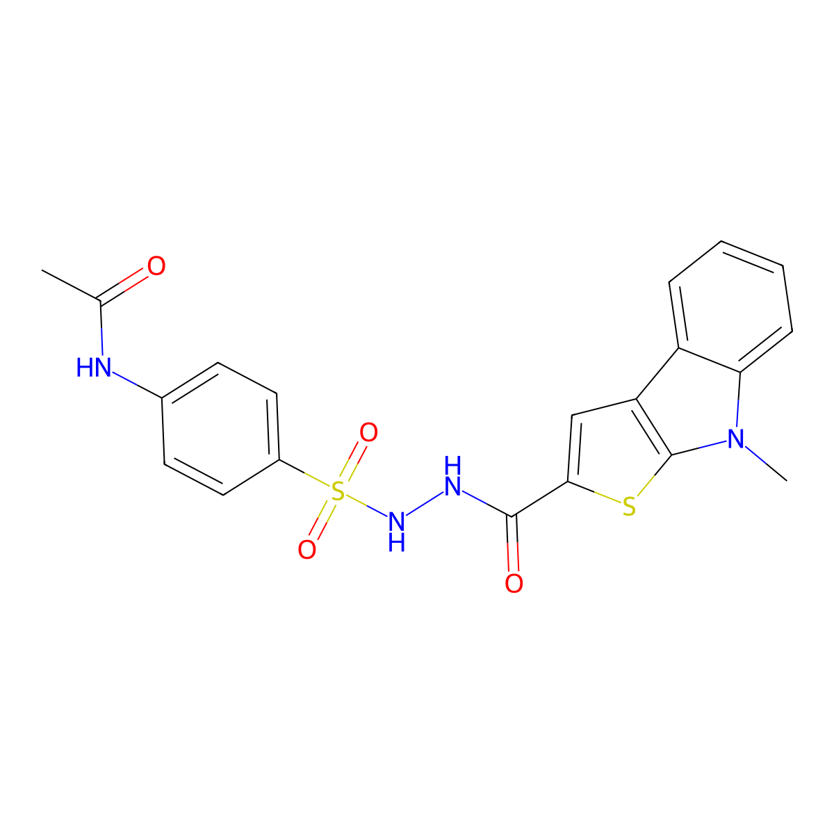 N-[4-({2-[(8-methyl-8H-thieno[2,3-b]indol-2-yl)carbonyl]hydrazino}sulfonyl)phenyl]acetamide molecular structure, CAS 477860-43-8