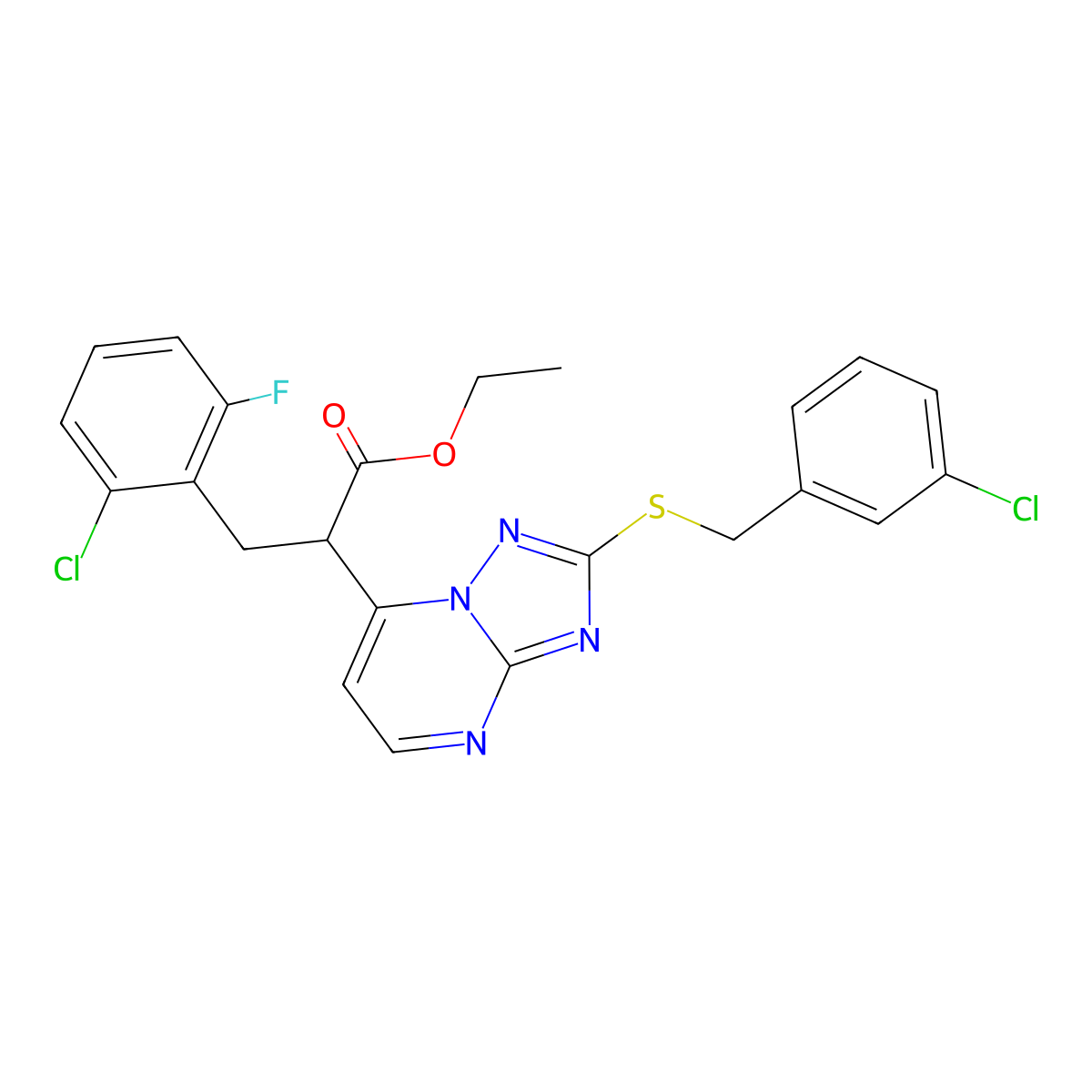 Ethyl 2-{2-[(3-chlorobenzyl)sulfanyl][1,2,4]triazolo[1,5-a]pyrimidin-7-yl}-3-(2-chloro-6-fluorophenyl)propanoate molecular structure, CAS 477860-57-4