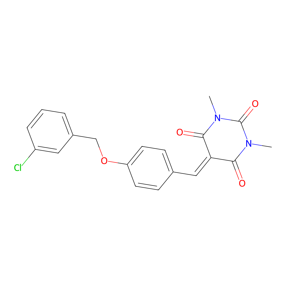 5-({4-[(3-chlorobenzyl)oxy]phenyl}methylene)-1,3-dimethyl-2,4,6(1H,3H,5H)-pyrimidinetrione molecular structure, CAS 477862-22-9