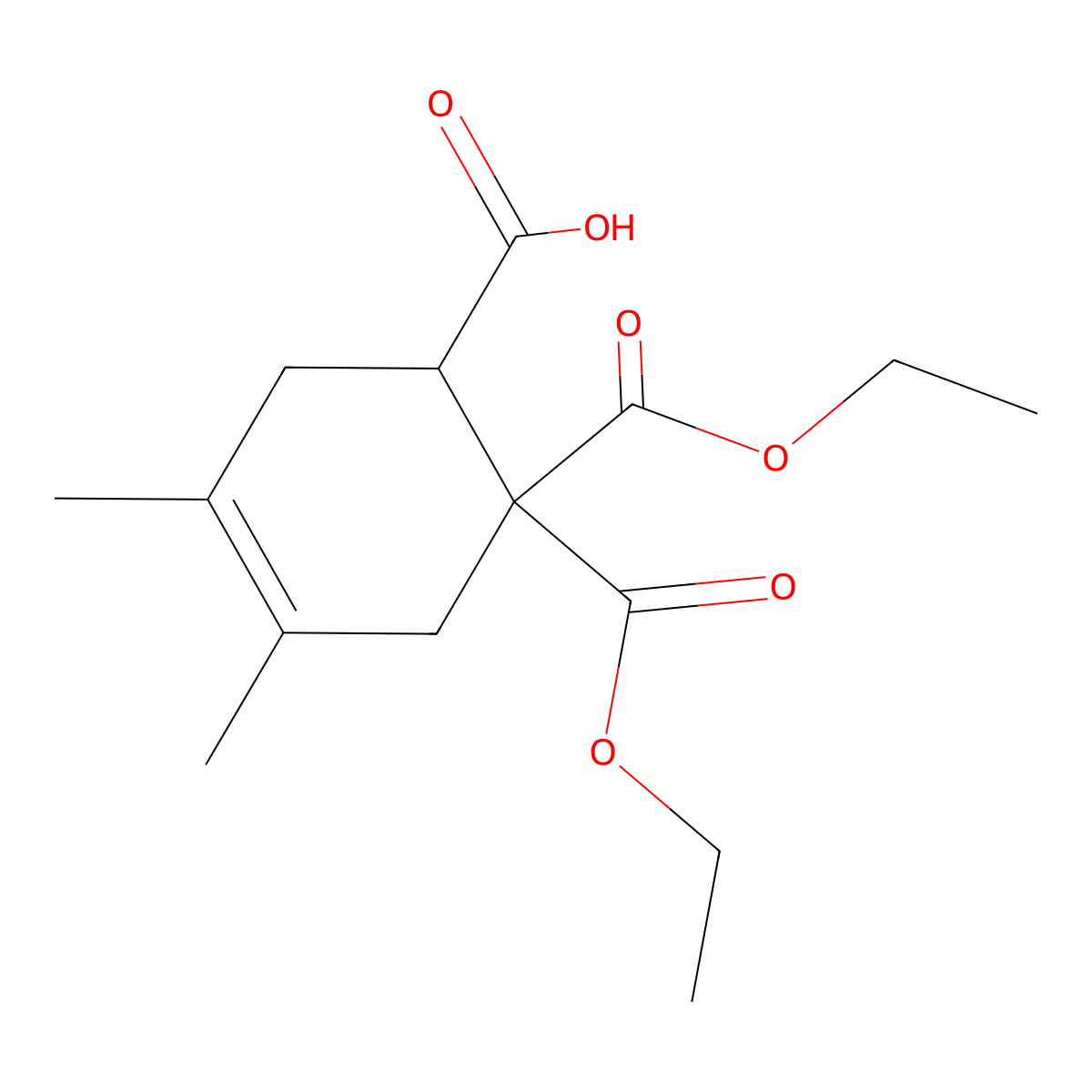 6,6-Bis(ethoxycarbonyl)-3,4-dimethylcyclohex-3-ene-1-carboxylic acid molecular structure, CAS 477862-70-7