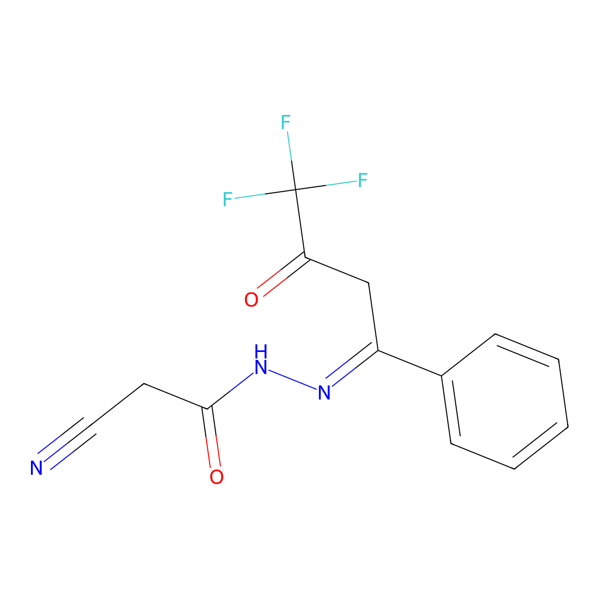 2-cyano-N'-[(E)-4,4,4-trifluoro-3-oxo-1-phenylbutylidene]acetohydrazide molecular structure, CAS 477862-81-0