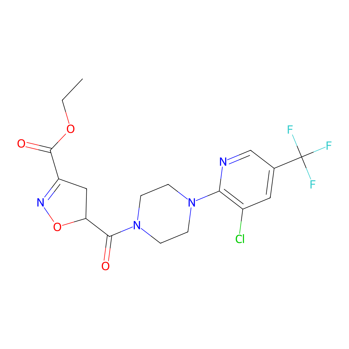 Ethyl 5-({4-[3-chloro-5-(trifluoromethyl)-2-pyridinyl]piperazino}carbonyl)-4,5-dihydro-3-isoxazolecarboxylate molecular structure, CAS 477864-85-0