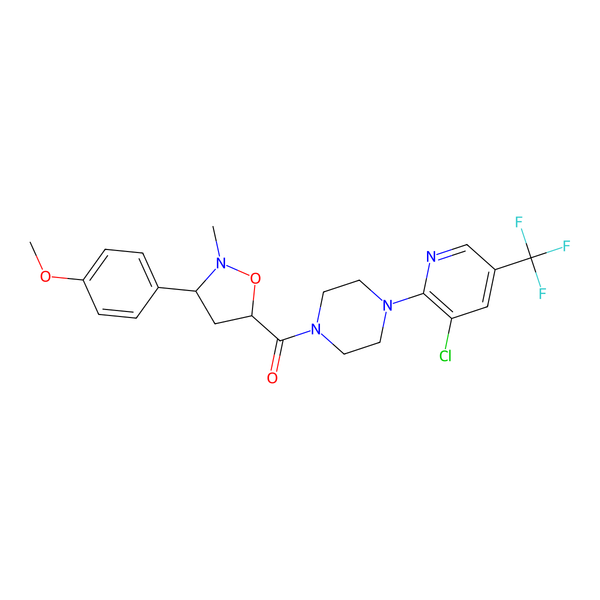 {4-[3-Chloro-5-(trifluoromethyl)-2-pyridinyl]piperazino}[3-(4-methoxyphenyl)-2-methyltetrahydro-5-isoxazolyl]methanone molecular structure, CAS 477864-87-2