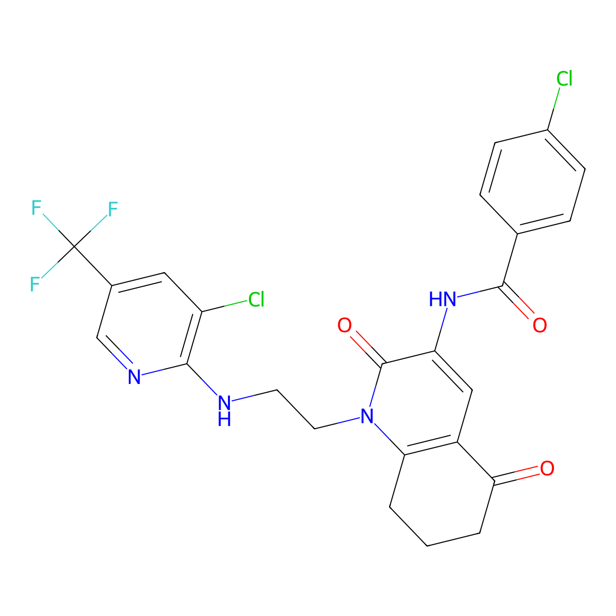 4-chloro-N-[1-(2-{[3-chloro-5-(trifluoromethyl)-2-pyridinyl]amino}ethyl)-2,5-dioxo-1,2,5,6,7,8-hexahydro-3-quinolinyl]benzenecarboxamide molecular structure, CAS 477864-88-3