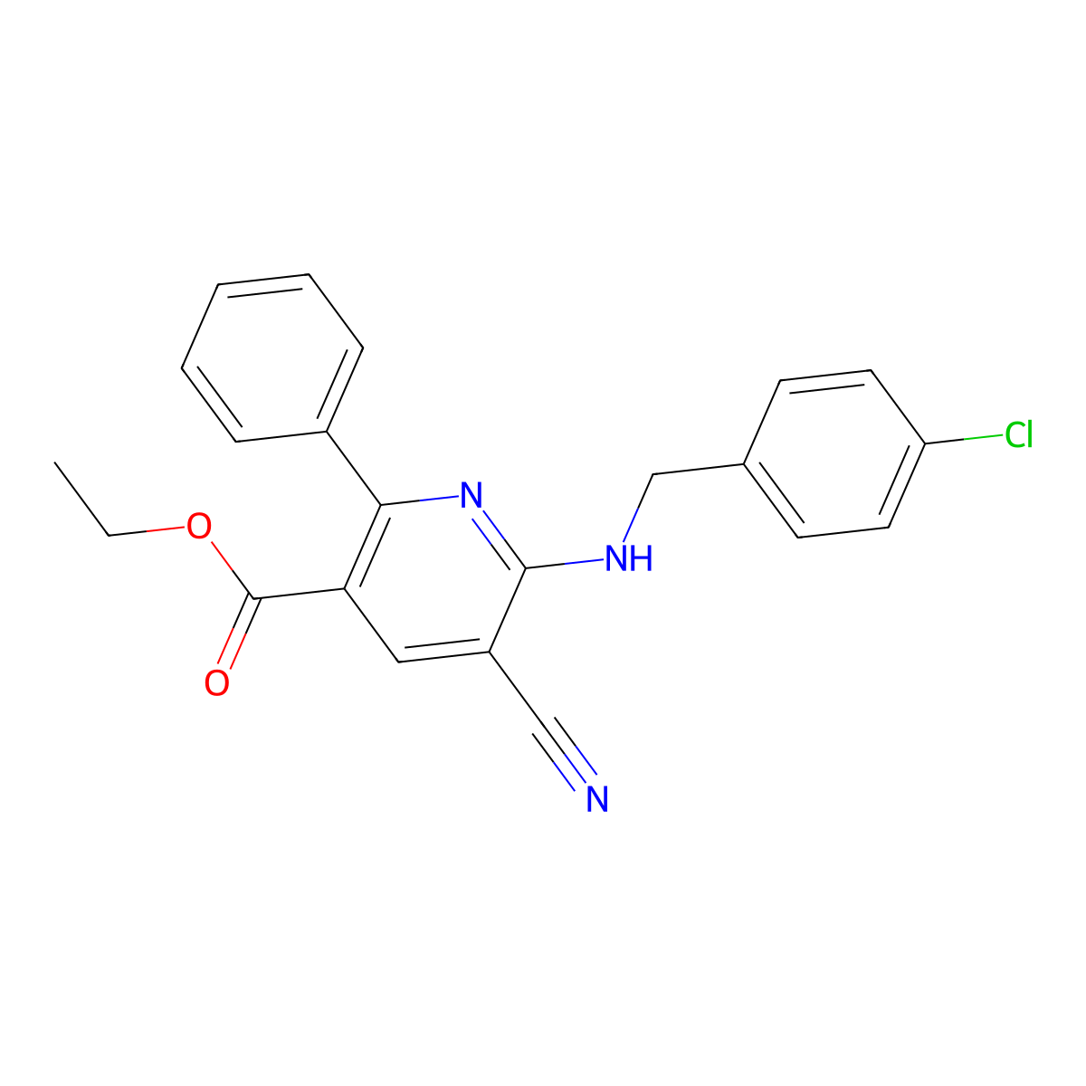 Ethyl 6-[(4-chlorobenzyl)amino]-5-cyano-2-phenylnicotinate molecular structure, CAS 477866-12-9