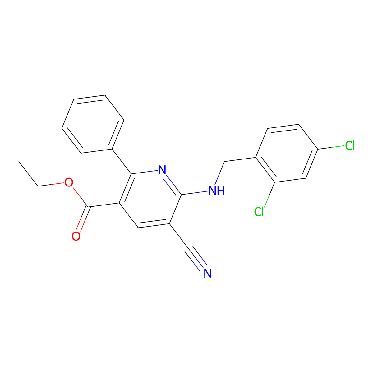 Ethyl 5-cyano-6-((2,4-dichlorobenzyl)amino)-2-phenylnicotinate molecular structure, CAS 477866-13-0