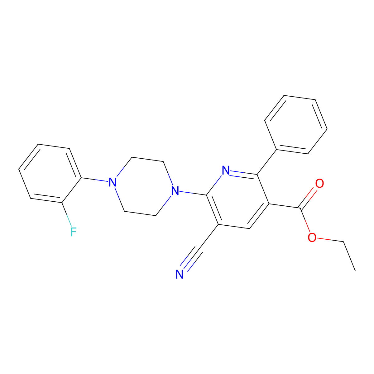 Ethyl 5-cyano-6-[4-(2-fluorophenyl)piperazin-1-yl]-2-phenylpyridine-3-carboxylate molecular structure, CAS 477866-17-4