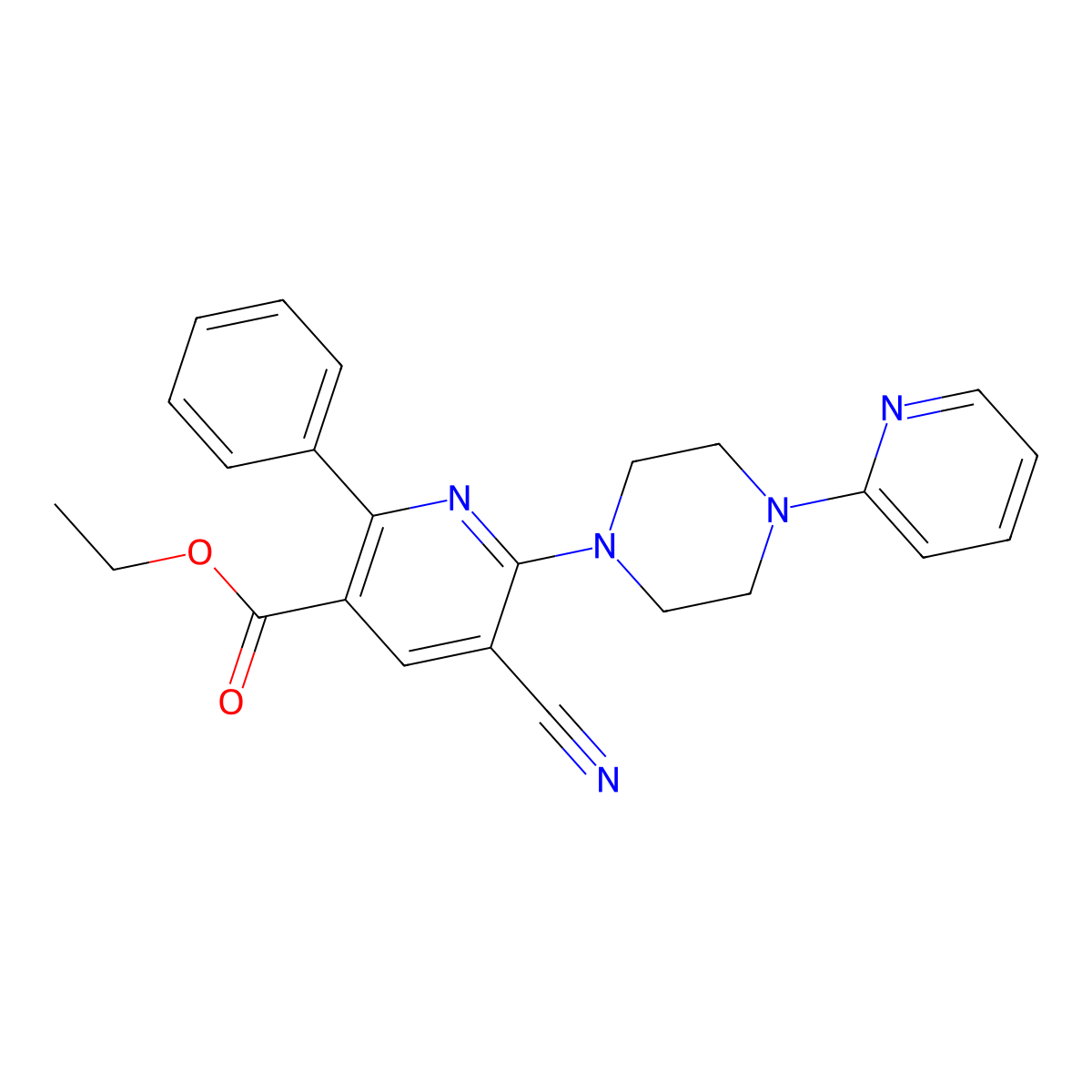 5-Cyano-2-phenyl-6-[4-(2-pyridinyl)-1-piperazinyl]-3-pyridinecarboxylic acid ethyl ester molecular structure, CAS 477866-20-9