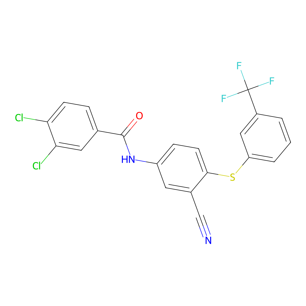 3,4-dichloro-N-(3-cyano-4-{[3-(trifluoromethyl)phenyl]sulfanyl}phenyl)benzenecarboxamide molecular structure, CAS 477866-66-3