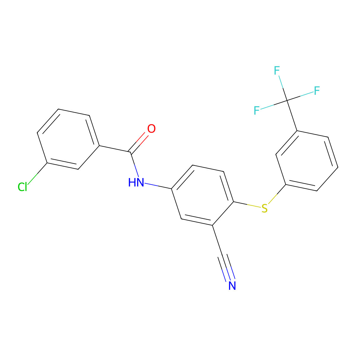 3-chloro-N-(3-cyano-4-{[3-(trifluoromethyl)phenyl]sulfanyl}phenyl)benzenecarboxamide molecular structure, CAS 477866-68-5