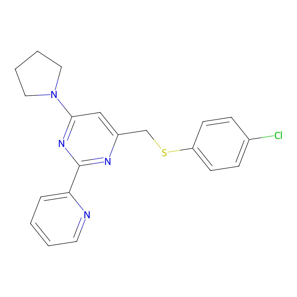 4-(((4-Chlorophenyl)sulfanyl)methyl)-2-(2-pyridinyl)-6-(1-pyrrolidinyl)pyrimidine molecular structure, CAS 477866-89-0