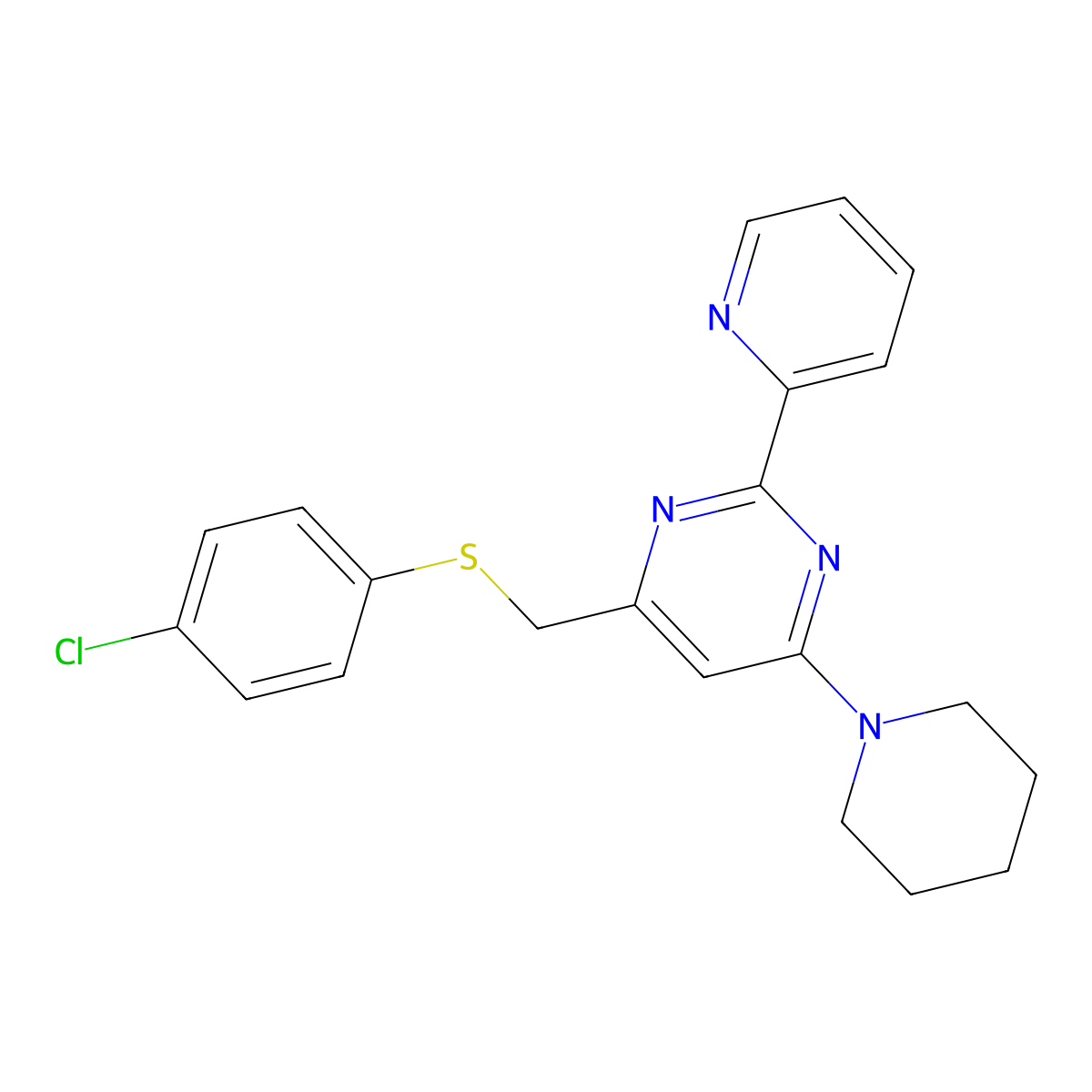 4-(((4-Chlorophenyl)sulfanyl)methyl)-6-piperidino-2-(2-pyridinyl)pyrimidine molecular structure, CAS 477866-90-3