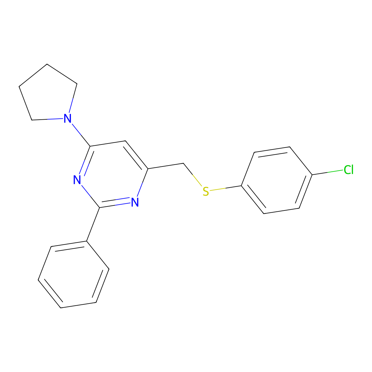 4-(((4-Chlorophenyl)sulfanyl)methyl)-2-phenyl-6-(1-pyrrolidinyl)pyrimidine molecular structure, CAS 477867-08-6