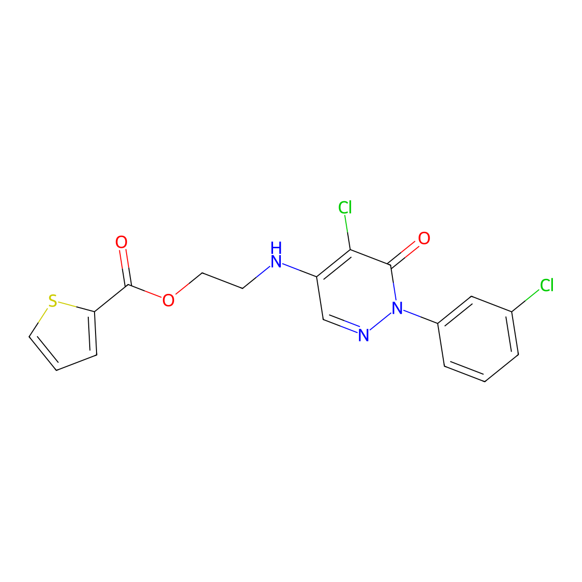2-((5-Chloro-1-(3-chlorophenyl)-6-oxo-1,6-dihydro-4-pyridazinyl)amino)ethyl 2-thiophenecarboxylate molecular structure, CAS 477867-32-6