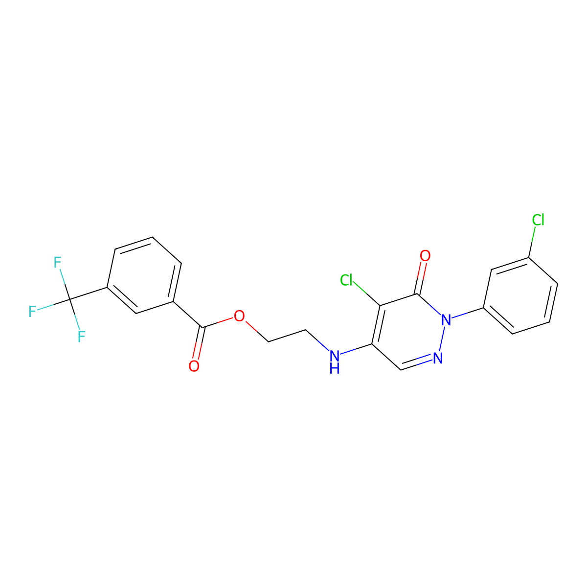 2-((5-Chloro-1-(3-chlorophenyl)-6-oxo-1,6-dihydro-4-pyridazinyl)amino)ethyl 3-(trifluoromethyl)benzenecarboxylate molecular structure, CAS 477867-33-7