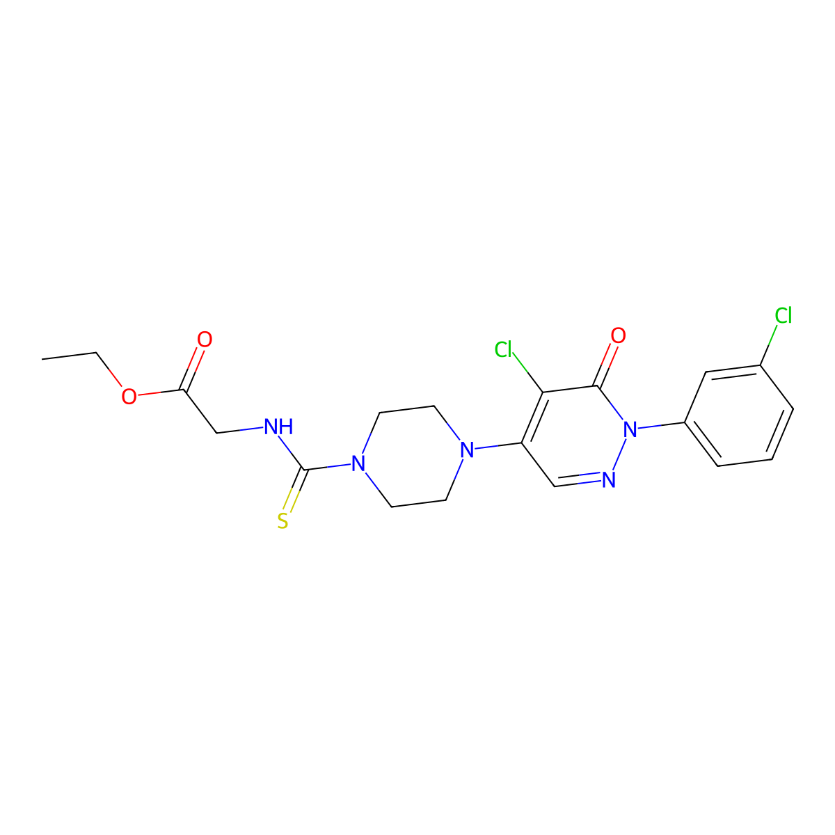 Ethyl 2-(((4-(5-chloro-1-(3-chlorophenyl)-6-oxo-1,6-dihydro-4-pyridazinyl)piperazino)carbothioyl)amino)acetate molecular structure, CAS 477867-35-9